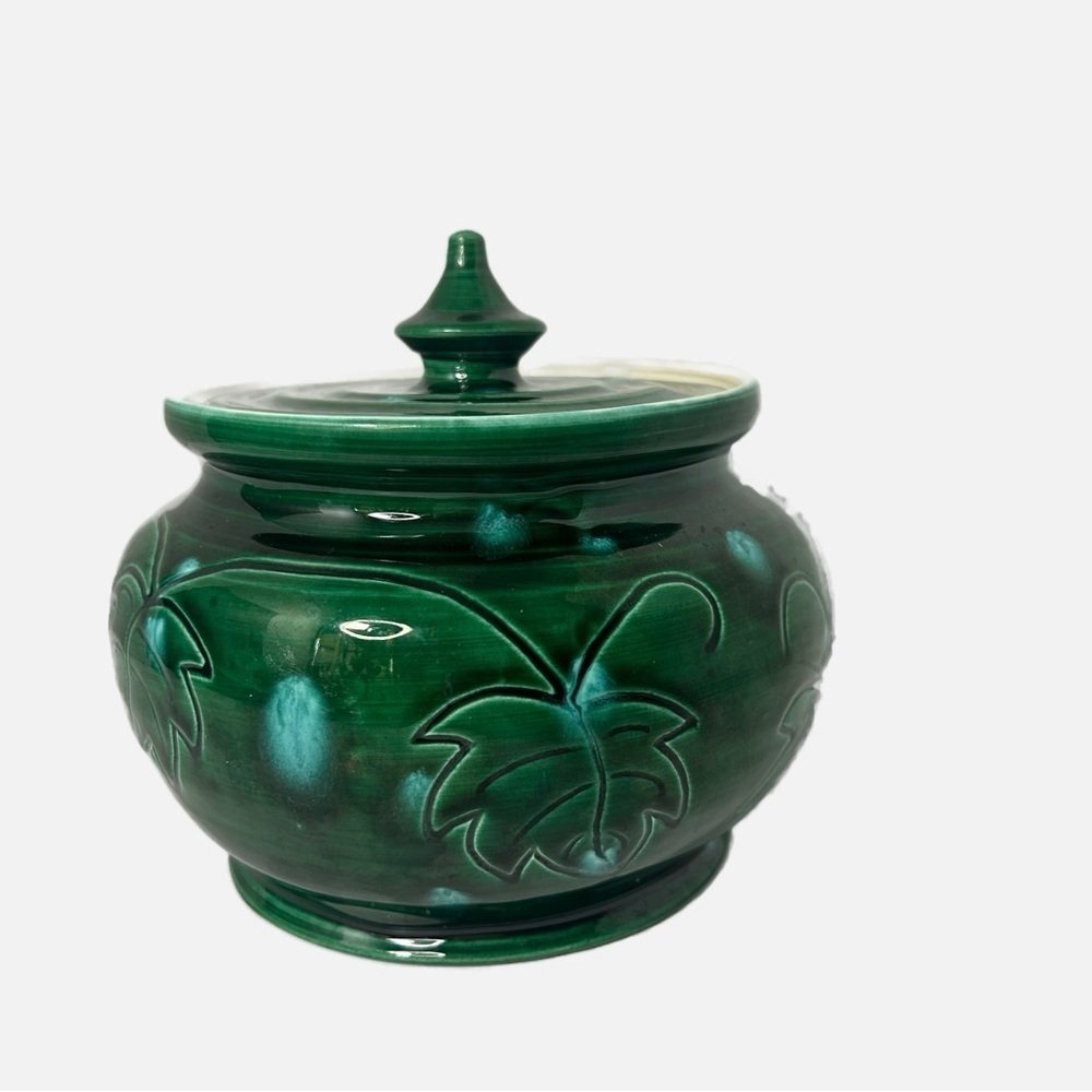 NEW Art Studio Pottery Jar With Lid Engraved Leaves Green Signed by Artist
